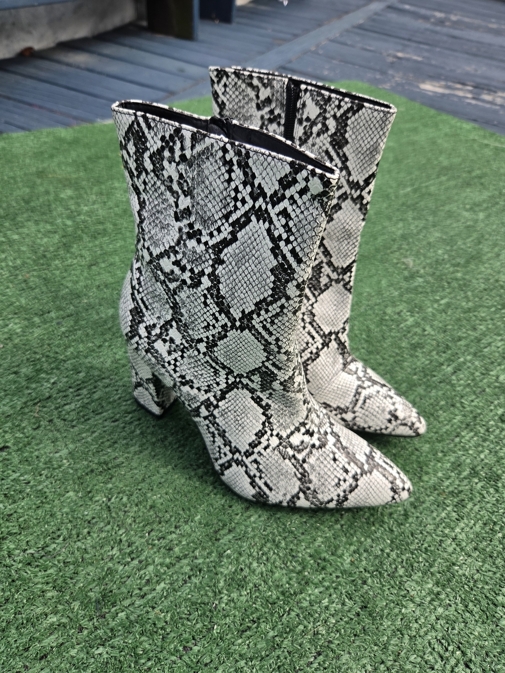 Snake Print Mid-Calf Heeled Boots in Black & White
